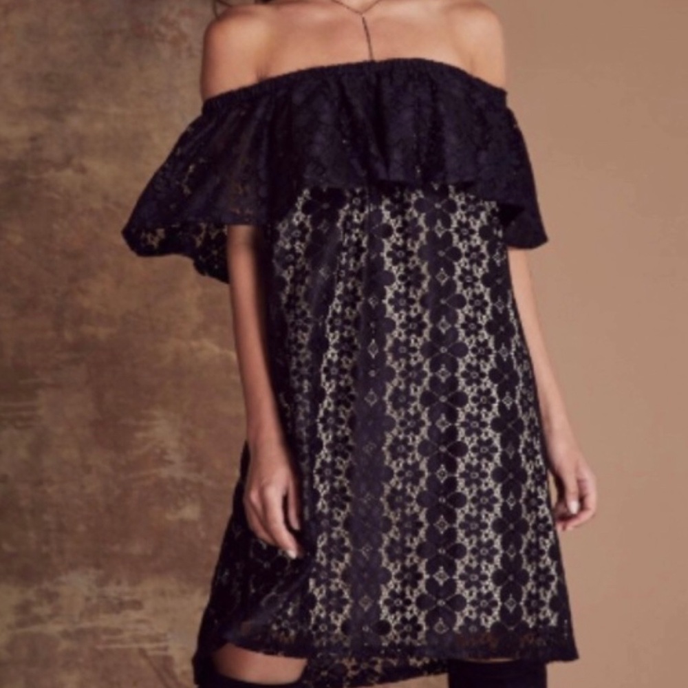 Black lace off the shoulder dress.